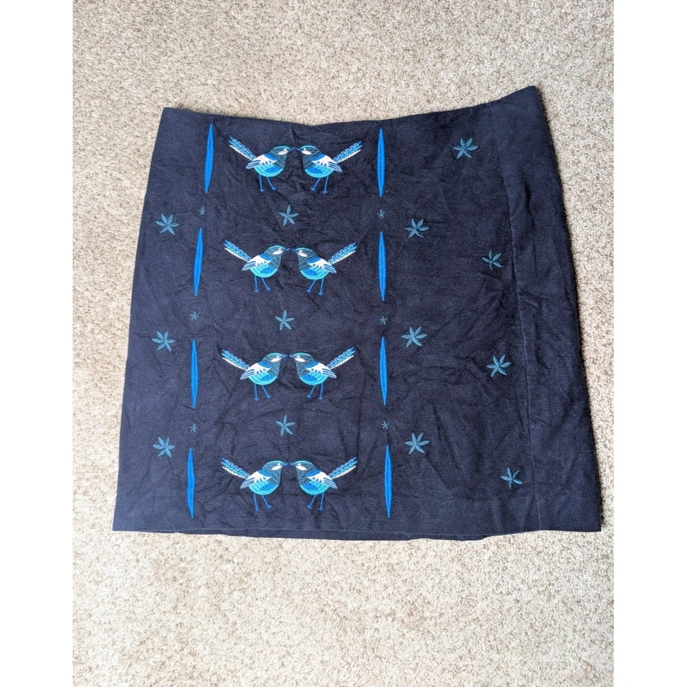 Boden Embroidered Bird Lined Pencil Skirt Navy Blue US 14 Whimsical Artsy